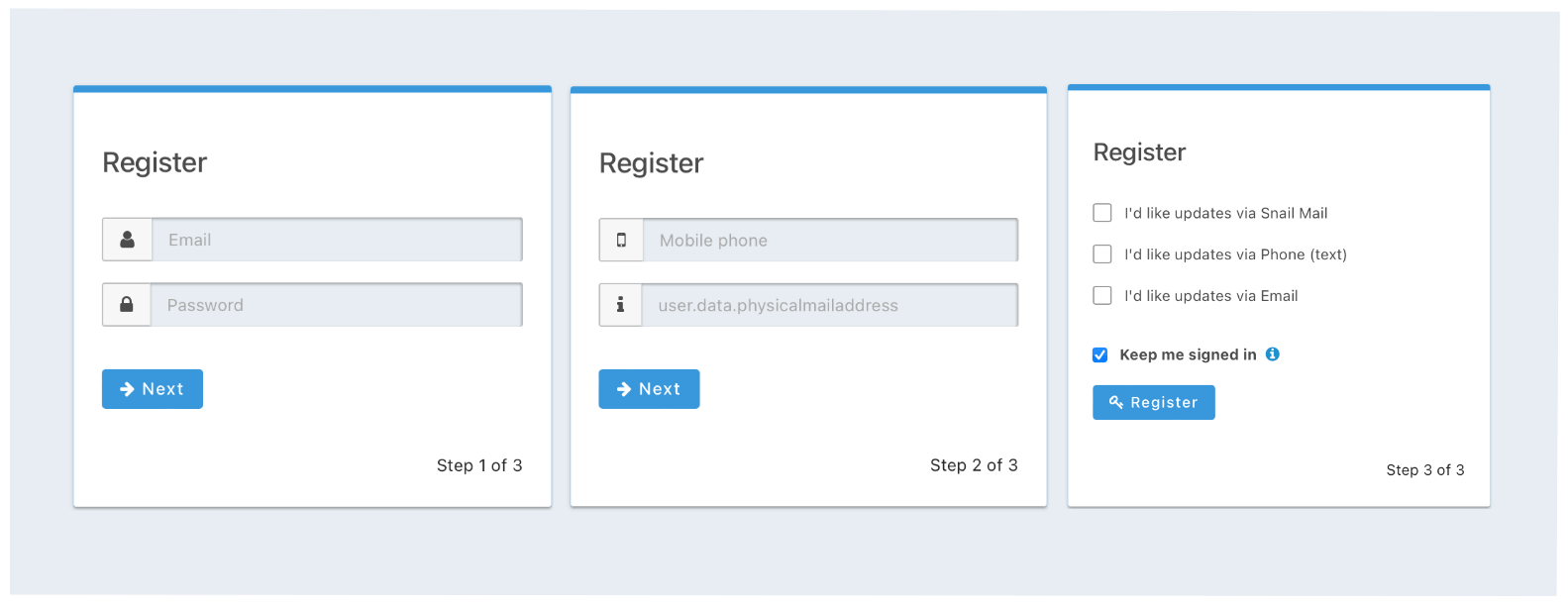 The custom registration page, with multiple steps